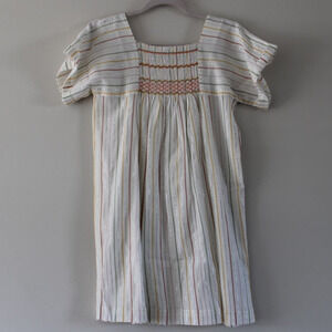 NWT Bonpoint Paysanne Smocked Front Short Sleeve Dress Stripe White Silver Pink